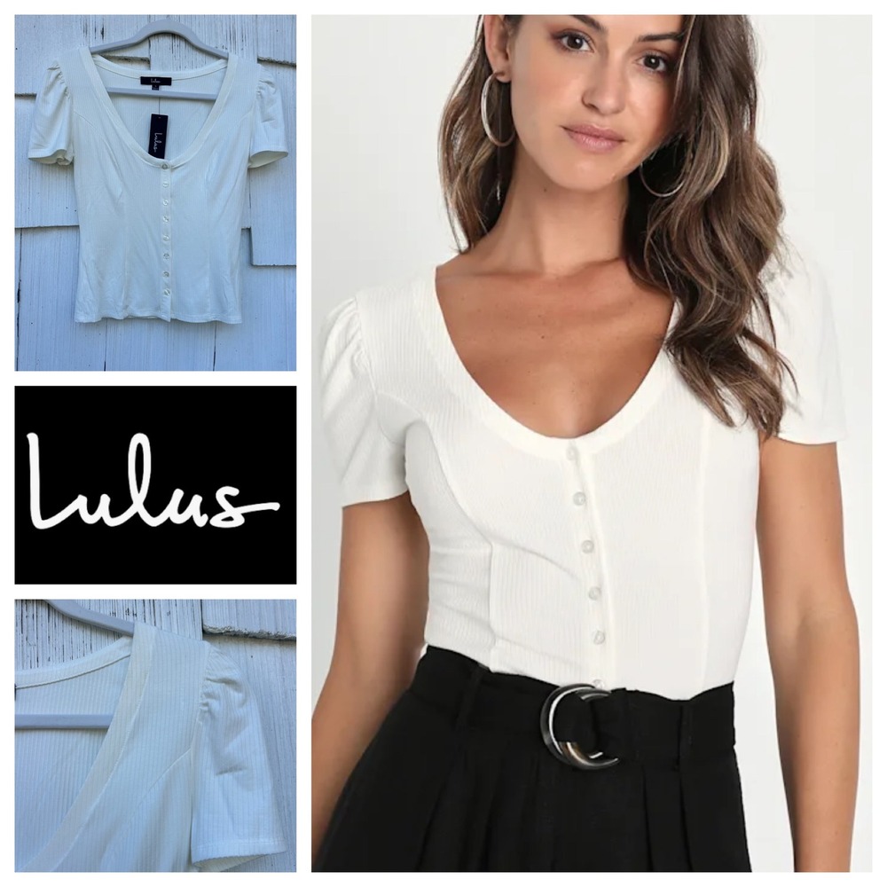 Lulus Ivory Ribbed Puff Sleeve Button Front V Neck Top Size S